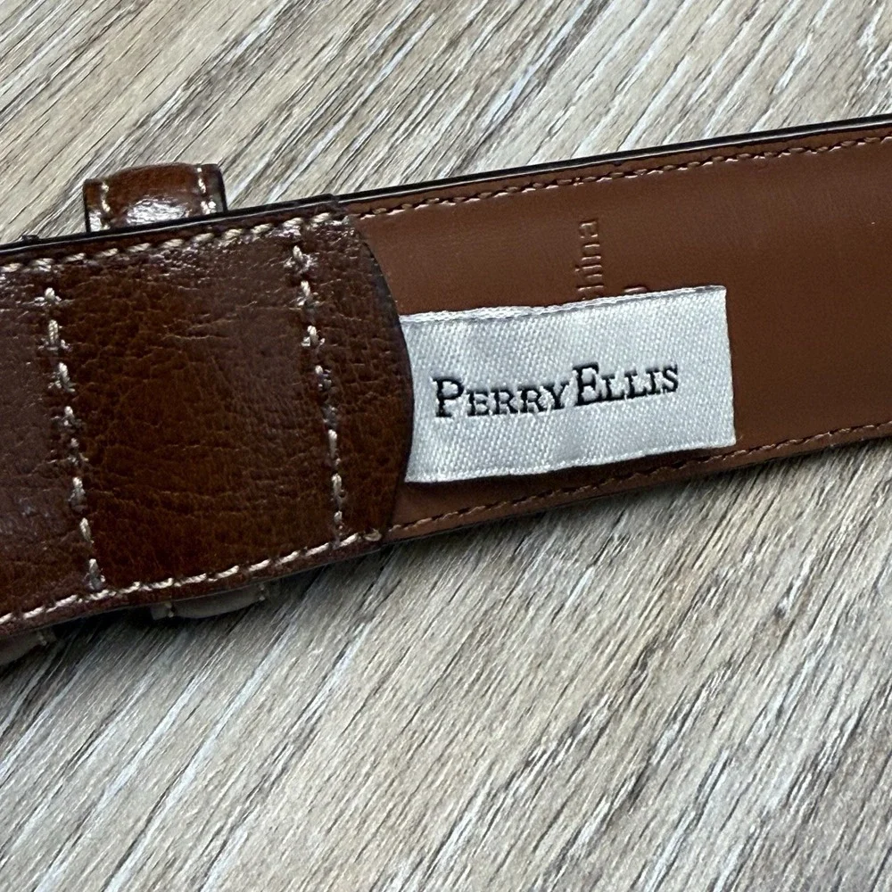 Perry Ellis Dress Belt Mens 38/95 Brown Bonded Leather Silver Buckle